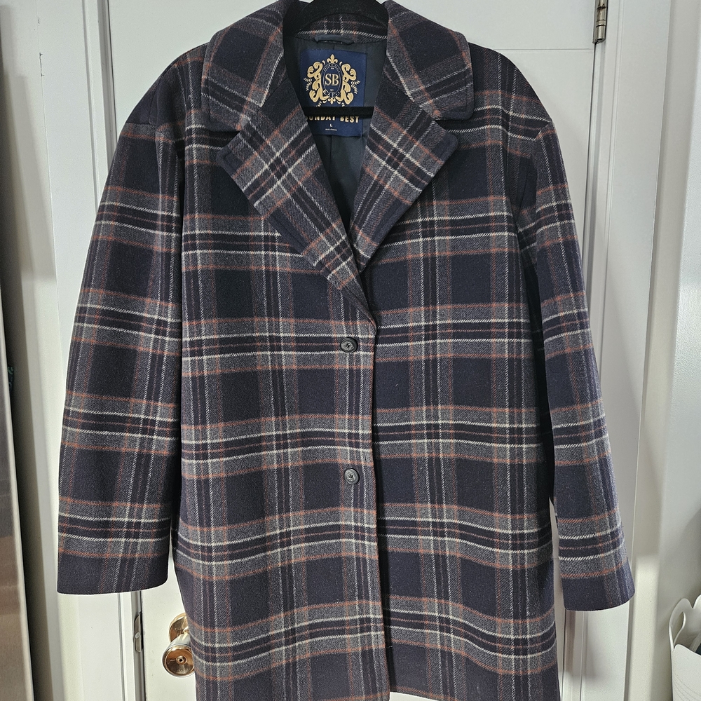 Aritzia Plaid Pea Coat in Navy and Red
